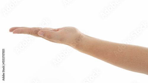 Hand extended with palm facing up against a bright white background