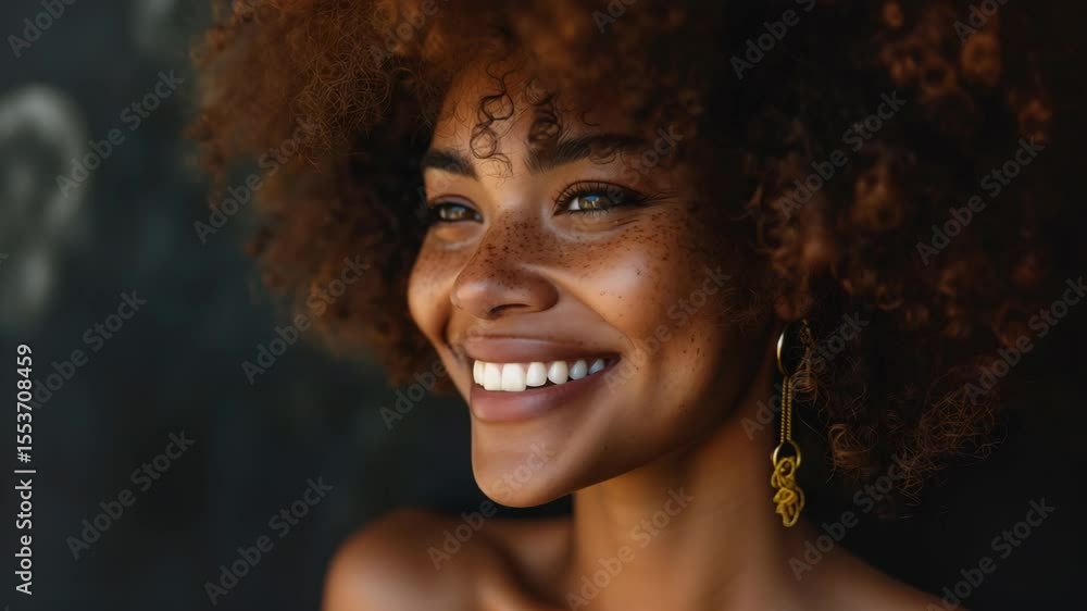 Radiant African American Woman with Freckles Smiling in Soft Light Radiant African American Woman with Freckles Smiling in Soft Light
