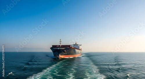 Large Cargo Ship Cruising Through Calm Blue Ocean Leaving a White Wake Under a Clear Sky