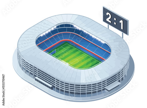 aerial view of modern football stadium with scoreboard showing 2–1, surrounded by stands, green field, and detailed architectural design
