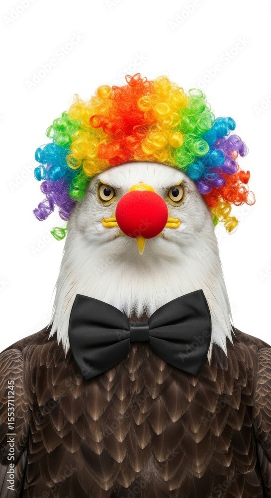 Obraz premium A bald eagle dressed as a clown with a colorful wig, red nose, and bow tie. Humorous and surreal animal portrait on white background