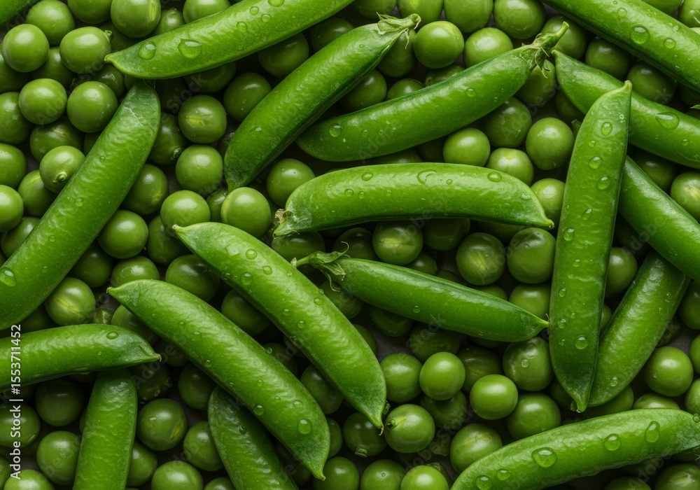 Fresh green peas in pods and loose peas with water droplets in a close-up composition Fresh green peas in pods and loose peas with water droplets in a close-up composition