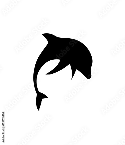 A black silhouette of a dolphin leaping upwards against a white background.
