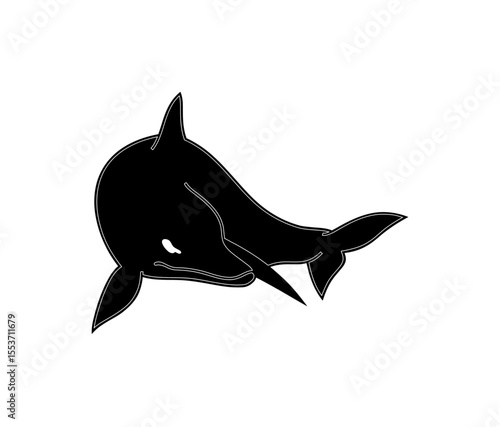 Black silhouette of a dolphin swimming, isolated on a white background.