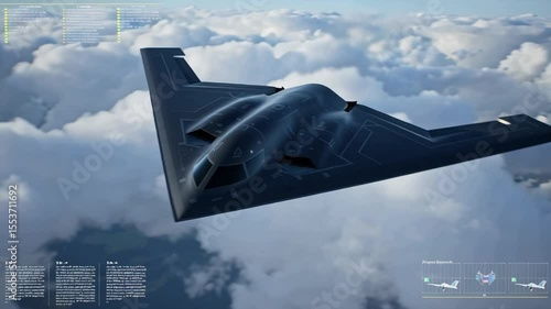 Stealth Bomber B2 Spirit Flying Above Clouds Aerial View Modern Military Aircraft Aviation