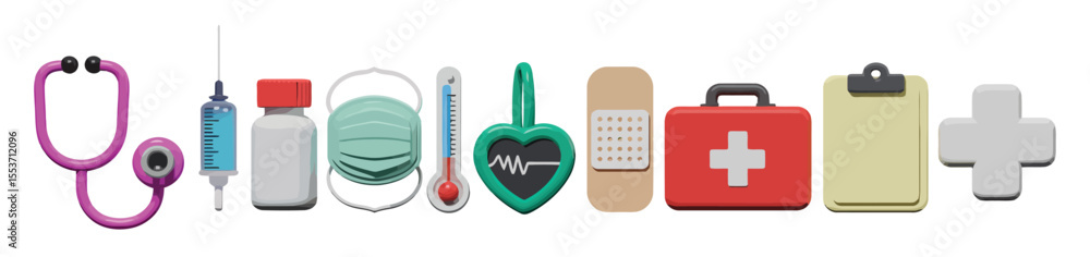 Obraz premium flat design medical icons set – stethoscope, syringe, heart monitor, bandage, mask, medicine bottle, first aid kit, healthcare tools 