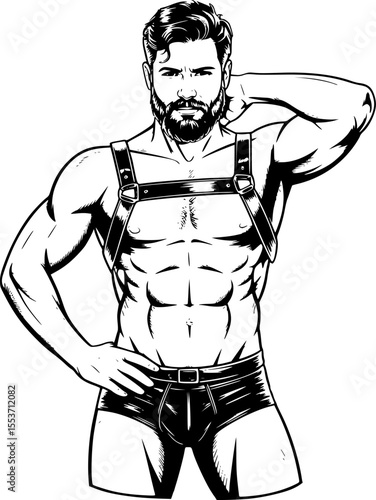 Minimalist Muscular Man Line Art Vector – Bearded Shirtless Male with Leather Harness and Underwear – Bold LGBTQ+ Pride Illustration – Queer Fashion, Body Positive Artwork