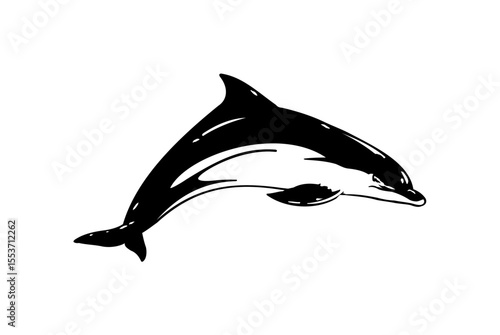 A black and white illustration of a dolphin leaping upwards, isolated on a white background.