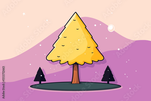 Golden Autumn Tree with Silhouette Companions on Purple Hill