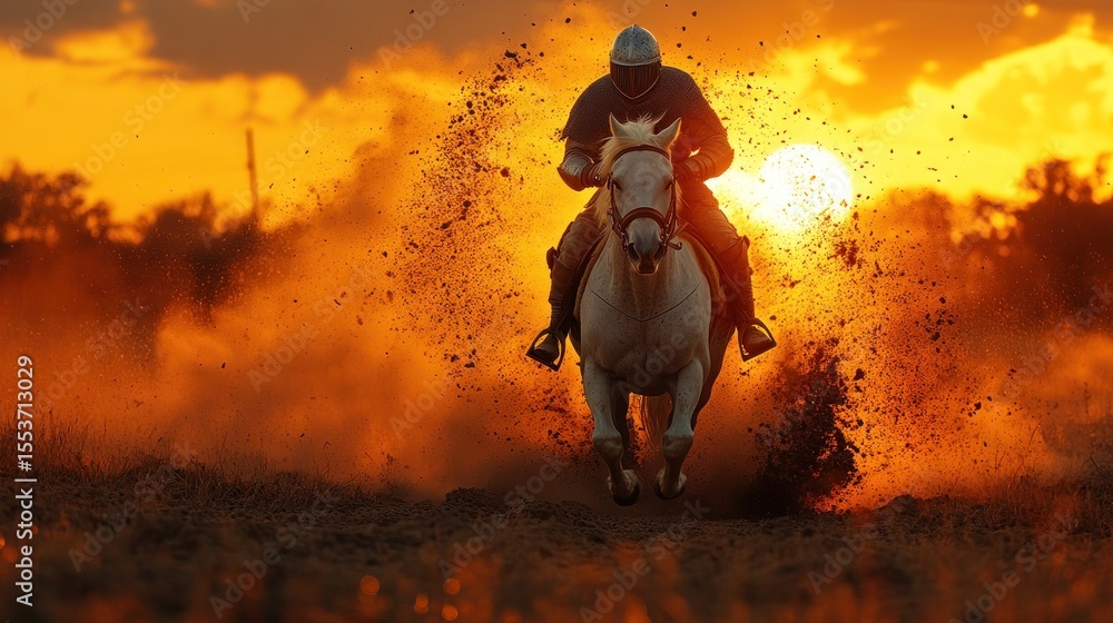 Fototapeta premium Knight on a white horse, sunset, dust