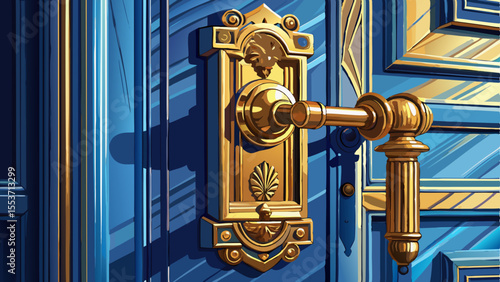 Close up Elegant brass door handle gleams on blue paneled door reflecting outside sunlight  white background