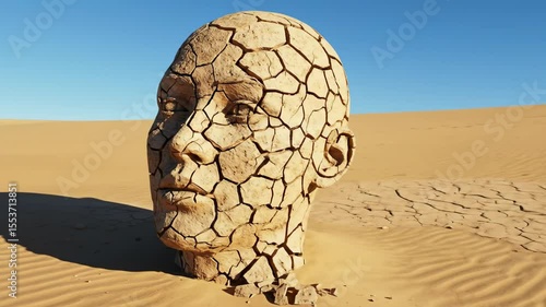 Weathered head sculpture embedded in golden desert sand sunlit abstract art piece