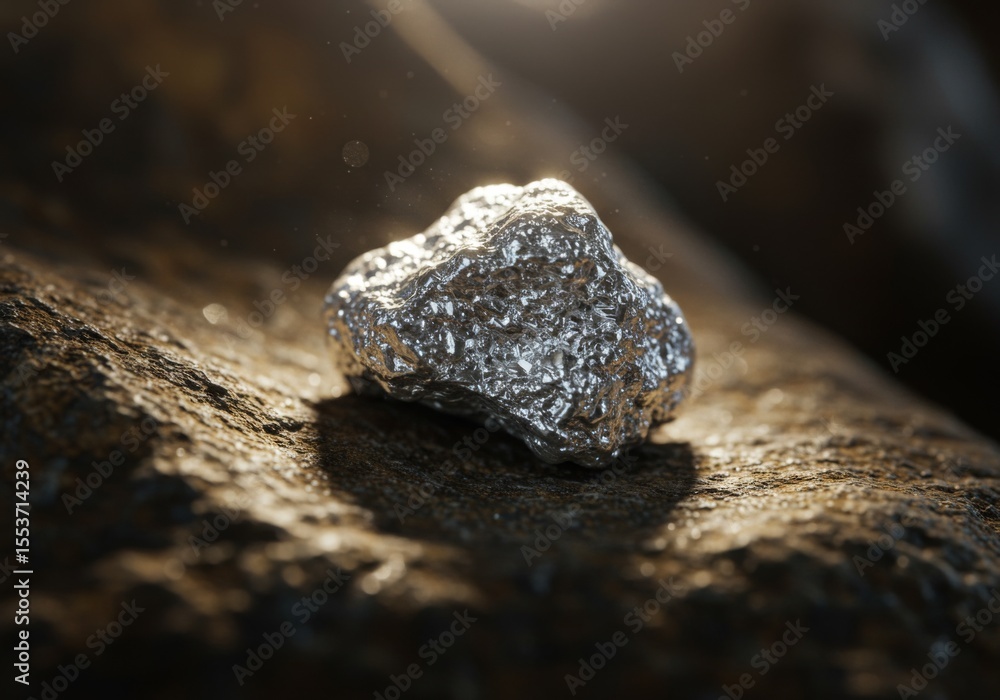 Fototapeta premium Shiny raw silver nugget resting on rough rock surface in warm directional light
