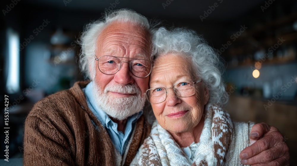 This heartwarming image captures an elderly couple embracing each other with genuine warmth and love, showcasing their deep connection and affection in a cozy indoor setting. This heartwarming image captures an elderly couple embracing each other with genuine warmth and love, showcasing their deep connection and affection in a cozy indoor setting.