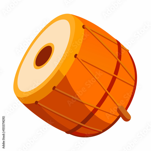 Vibrant orange dhol drum with detailed lacing and white drumheads