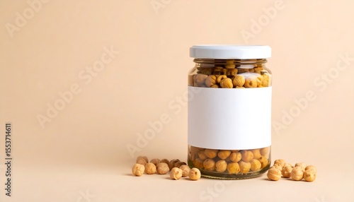 Roasted Chickpeas In Glass Jar Mockup With White Blank Label Against Beige Backdrop