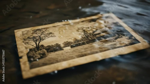 Waterlogged vintage photograph showing historical landscape image