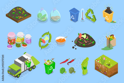 3D Isometric Flat Vector Illustration of Organic Disposal, Recycling Food Waste And Kitchen Scraps In Compost Collection Program