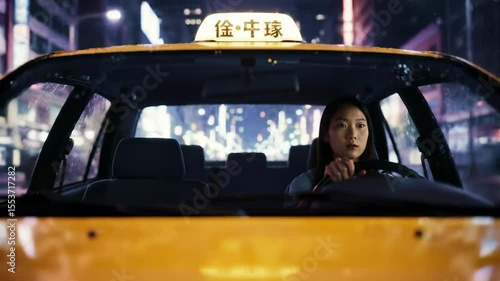 Woman driving taxi at night in a vibrant cityscape
