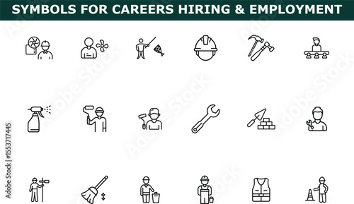 Line art icons of various career symbols including workers tools and equipment for employment