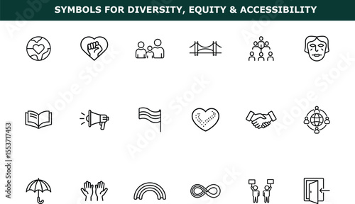 Line icons representing diversity equity and accessibility symbols on background with text