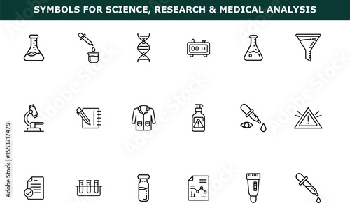 Line icons of science and medical research equipment including beakers, D N A, microscope, and dropper