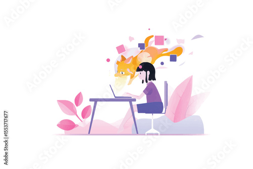 Girl working on laptop with imaginary fox friend in bright, simple style