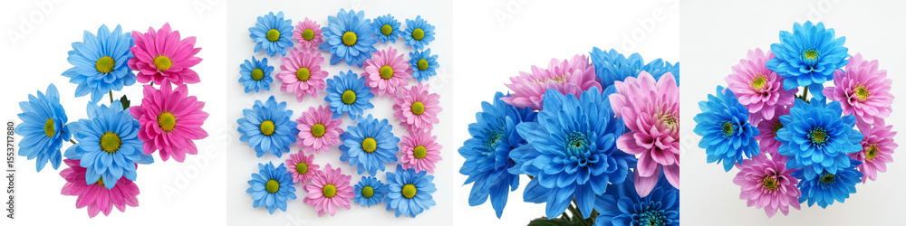 Fototapeta premium Blue and Pink Flower Arrangements - Delicate blue and pink flowers symbolize serenity, joy, new beginnings, femininity, and romance. Perfect for celebrations or adding a touch of elegance