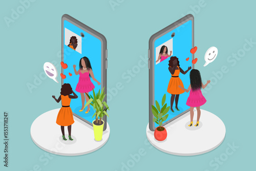 3D Isometric Flat Vector Illustration of Phone in a Dialogue Scene, Laughing Girls Communicate On Cellphone Using Reliable Mobile Provider Network.