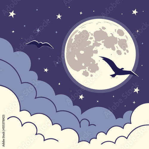 night sky with moon vector,  stunning vector illustration of a glowing full moon 