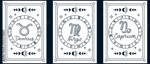 Minimalistic tarot-style cards showing zodiac signs Taurus, Virgo, and Capricorn with celestial elements. Concept of astrology, mysticism, and earth element horoscope symbolism