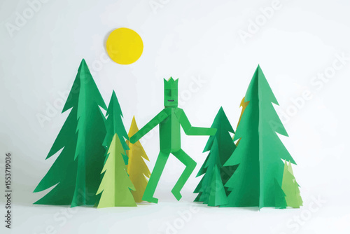 Green paper figure walks through a forest under the sun
