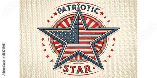 Vintage Americana star design filled with US flag pattern and surrounded by radial stripes and stars for retro patriotic celebration and national pride