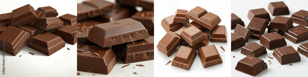 Delicious Chocolate Pieces on White - Sweet chocolate squares, chunks, and bars symbolize indulgence, richness, enjoyment, and a delightful treat. Delicious Chocolate Pieces on White - Sweet chocolate squares, chunks, and bars symbolize indulgence, richness, enjoyment, and a delightful treat.