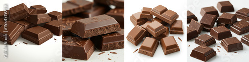 Delicious Chocolate Pieces on White - Sweet chocolate squares, chunks, and bars symbolize indulgence, richness, enjoyment, and a delightful treat.