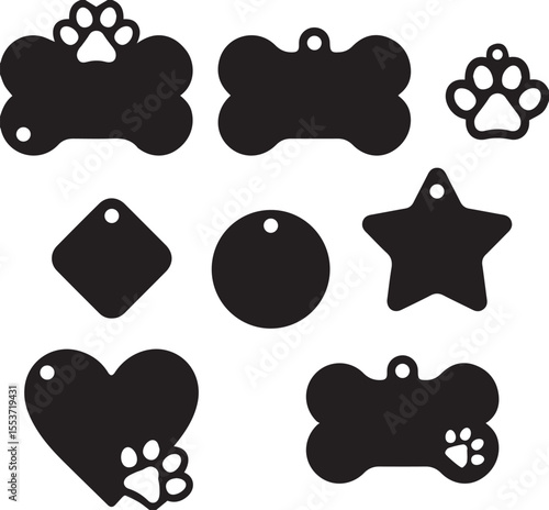 Pet Tag and Paw Print Silhouettes Set