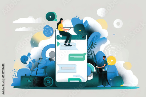 People interacting around a giant smartphone with messaging bubbles