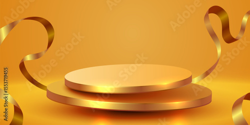 Abstract scene background. Cylinder podium background with ribbons. Product presentation, mock up, show cosmetic product, Podium, stage pedestal or platform. Vector illustration