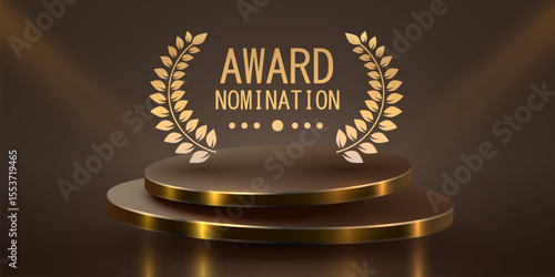 Award round podium with laurel wreath on dark background. Vector golden symbol of victory, achievement, success, rewarding of winner. Vector illustration