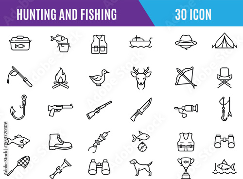Hunting and fishing line icons collection, Hunting  and fishing outline icon set. Pack of knife, pull fish, Editable stroke. Vector illustration.