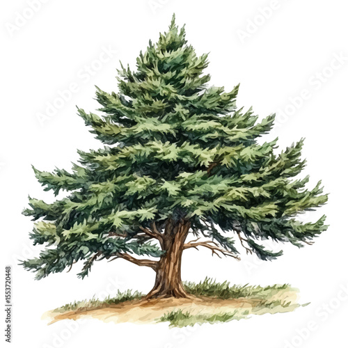 A Himalayan Cedar Tree, watercolor drawing vector, isolated on a white background.