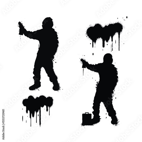 Graffiti Artist Silhouettes Spraying Paint with Drips, Isolated Black Figures, Street Art Concept
