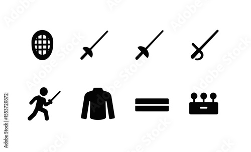 Fencing icons set: masks, swords, and gear in modern flat design