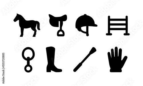 Equestrian icons set: horse, saddle, riding gear, helmet, boots, glove, jump, bridle, whip