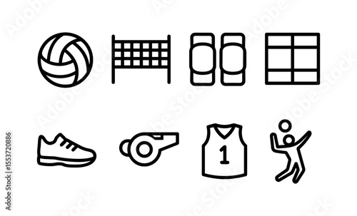 Volleyball equipment and icon set: ball, net, court, shoes, whistle, jersey, player