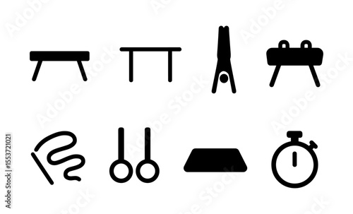 Icon set representing gymnastics equipment and activities