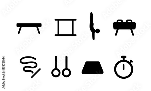 Gymnastics equipment icons set: vault, parallel bars, pommel horse, rings, stopwatch