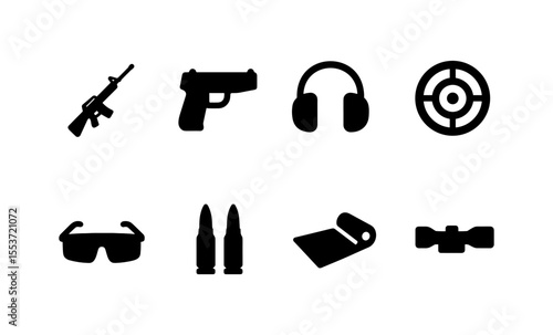Essential shooting range icons: guns, accessories, and target equipment
