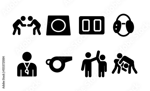 Wrestling icons: mat, referee, whistle, and sports gear set for athletic training