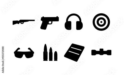 Shooting range icons: guns, ear protection, target, safety, equipment